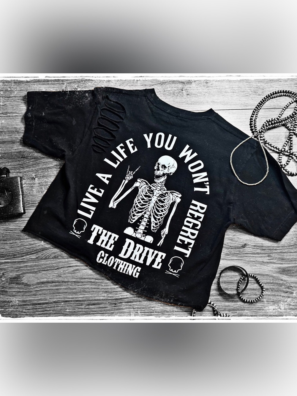 The Drive Clothing Black Graphic Skeleton Crop Top